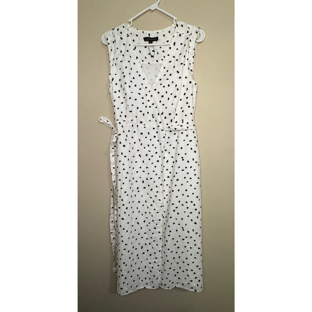 Banana Republic Wrap Dress Womens Sz 4 Linen Cotton Blend Polka Dot White Black